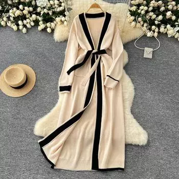 Домашняя одежда Зимний свитер большого размера с длинными рукавами на шнуровке 2024 Осень Цвет Блок Женские повседневные длинные свободные макси-кардиганы One Size чёрный