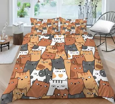 Домашняя постельная одежда 2/3 шт. комплекты постельного белья с 3d желтым принтом кота Высокое качество пододеяльники королева полный размер постельный костюм UK Single 135x200cm