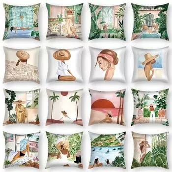 Домашняя спальня гостиная диван автомобиль тканевая наволочка наволочка зеленое растение подушка с видом на море 40x40cm