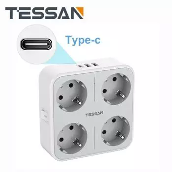 Домашняя USB-розетка TESSAN с выключателем, 4 розетки переменного тока, 3 порта USB и тип-C, настенная розетка европейского стандарта с креативным дизайном под углом 45 °