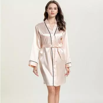 Домашняя женская пижама Женская пижама из искусственного шелка Пижама с V-образным вырезом Халат Домашняя одежда S шампанского