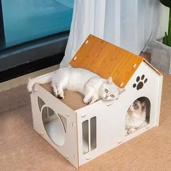 Домик для домашних кошек с когтеточками Маленький домик для собак Большое пространство для домашних животных с окнами и большим дверным проемом 62*44*50cm