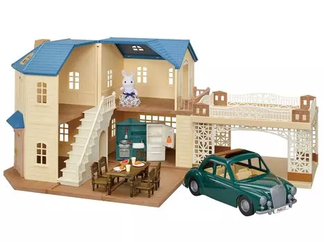 Домик на крыше Sylvanian Families с навесом для машины, сертификат ST Mark Deluxe, для детей от 3 лет и старше, игрушечный кукольный домик Sylvanian Families EPOCH [синий набор]