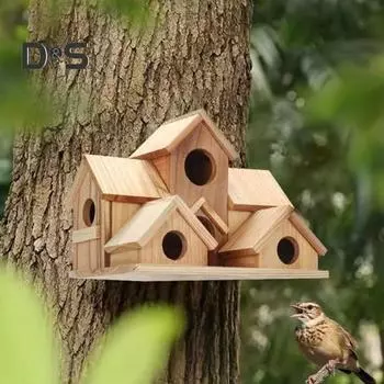 Домики для птиц для улицы, деревянное гнездо колибри, кормушка для птиц, большой скворечник для улицы с 6 комнатами для декора садового дворика цвет старого дерева