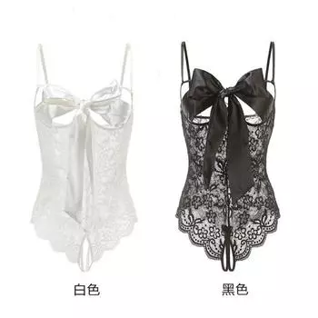 Domila Эротическое нижнее белье Сексуальные бретели с бантом Открытое кружево Комбинезон с открытой промежностью Европейский и американский трансграничный опт M (average size)