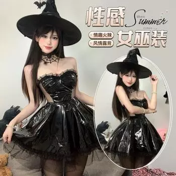 Домила Хэллоуин Темная Ночь Лакированная Кожа Косплей Костюм Ведьмы Сексуальное Нижнее Белье Премиум Секс Одежда Average Size (80-60kg)