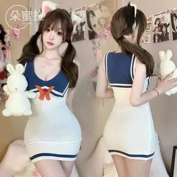 Domila Чистая Страсть Сладкий Темно-синий Низкий Вырез Глубокий V Принт Вязаное Облегающее Стройнящее Сексуальное Платье-комбинация average size (80~ 60 kg)