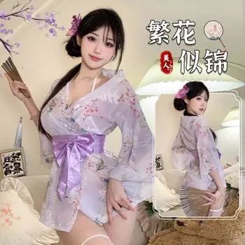 Domila Сексуальное нижнее белье Японский сексуальный кардиган Трехточечное шифоновое вышитое кимоно Горячая униформа Женский костюм M