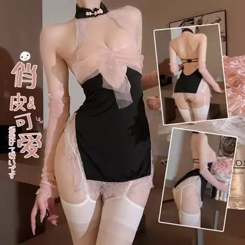 Domila Сексуальное нижнее белье Сексуальное знаменитое ципао С подвеской на шее Прозрачное С разрезом на бедре Короткая юбка Комплект униформы F233 One size