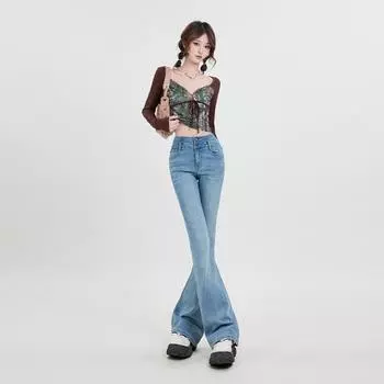 Брюки-клеш с высокой талией для властной горячей девушки, универсальные легкие брюки длиной до пола для зрелых женщин S светло-синий