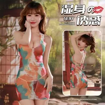 Domira Глубокий U-образный вырез Роса Ложбинка Мазок Принт Юбка на бедрах Эротическое нижнее белье Летнее Сексуальное платье с открытой спиной F775 One Size