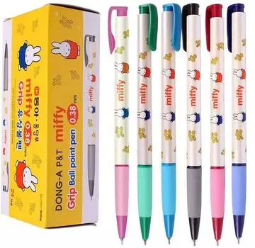 Dong-a Miffy Grip Шариковая ручка с чернилами на масляной основе 0,38 мм отличное письмо (6 цветов / упаковка из 24 ручек) Синий, черный, красный, зеленый, розовый, голубой