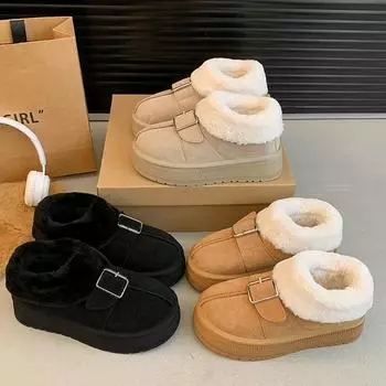 [DONG JI] Зимние ботинки на толстой подошве для женщин, меховые, зимние, бархатные, для беременных, хлопковые, ленивые, с педалями 35 абрикосовый