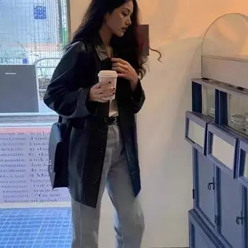 Dongdaemun 2024 осень новая ретро простая универсальная свободная повседневная крутая красивая куртка из искусственной кожи куртка M чёрный