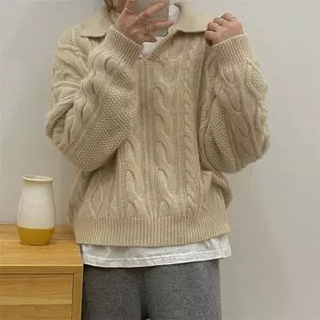 Dongdaemun 2024 осенне-зимняя женская одежда ретро-свитер женский свободный свитер поло вязаный свитер женский average size абрикосовый