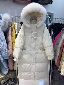 Dongxin пуховик женский длиной до колена с капюшоном универсальный воротник из лисьего меха утолщенная пряжка из рога белая утиная пуховая куртка S чёрный
