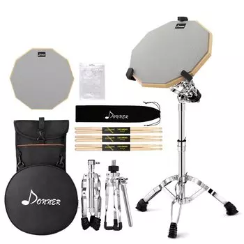 Donner Drum Practice Pad для тихой стойки малого барабана, портативный барабан, 3 пары барабанов, 6 барабанных гелей, обучение, набор, рюкзак, палочки, (12 дюймов) серебряный