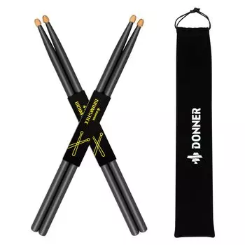 Donner Drumsticks 2 Pairs 5A Maple Wood Drum Practice Pad Snare Drum Sticks with Storage Bag Christmas Birthday Gift Black