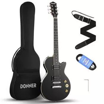 Donner Electric Guitar Beginner Set LP Type 39 Inch Full Size Poplar Wood HH Pickup Arrangement Exclusive Case Strap Shield Included Black DL-124
