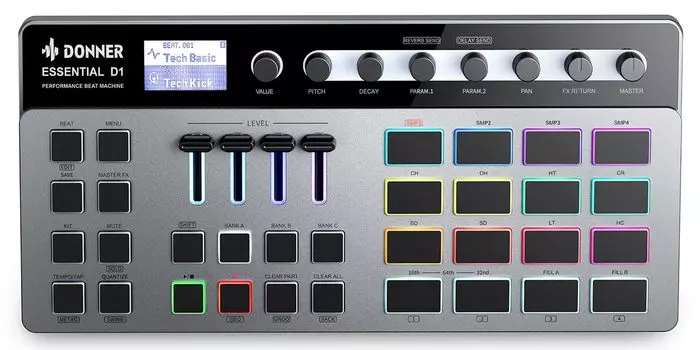 Donner Synthesizer Essential D1 Performance Beat Machine Step Sequencer Finger Drum Machine 16RGB Beat Pad 128 паттернов ЖК-экран 5 бесконечных энкодеров