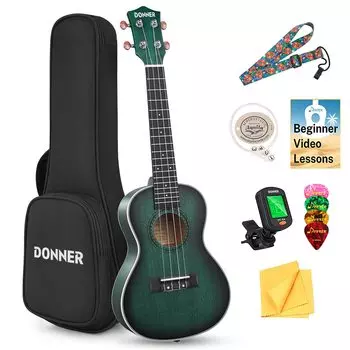 Donner Ukulele Concert Beginner 23 высококачественных полированных аксессуара, включая мягкий чехол и зеленый набор, дюймы, дерево, отделка, набор из 6 предметов, тюнер,