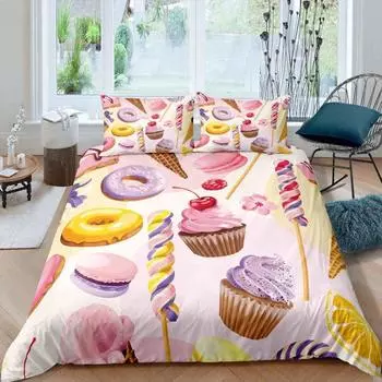 Donut Comforter Cover Dessert Duvet Cover Set Food Theme Quilt Cover Colorful Print Bedding Set For Child Boy Girl Bedroom Decor EU single(135x200cm)