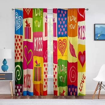 Doodle Hearts In Squares Romance Design Chiffon Sheer Voile Curtains for Living Room Bedroom Decor Window Tulle Curtains Drapes 1 PCS W100XH250cm&Rod Pocket