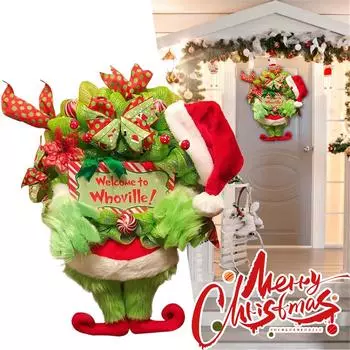 Door Creative Christmas Decor Plush Green Hairy Monster Hanging Ornament Grinch Leg Wreath Door Hanging New Year Christmas Decor 1pcs зелёный