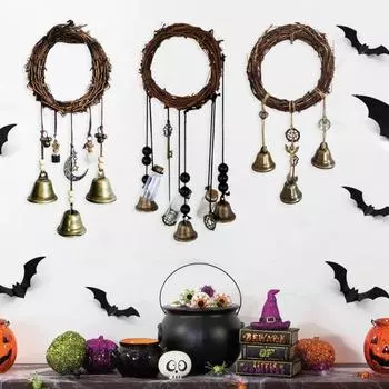 Дверная ручка, ведьмин колокольчик, защита дома, подвесной латунный колокольчик, бутылка желаний, венок из ротанга, колдовство C