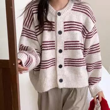 Допамин полосатый свитер куртка женская осень и зима ленивый свободный полосатый наружный круглый вырез вязаный кардиган топы удобный универсальный модный One size красный