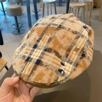 Допамин ретро клетчатая шляпа вперед женская весна и осень большая голова ребенка носить берет, чтобы показать ее лицо, маленькая шляпа газетчика прилив M56-58cm