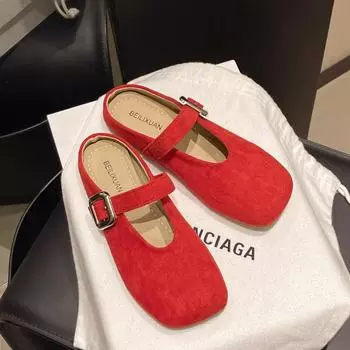 Dopamine Color Boken Baotou Half Tug Girl 2025 Spring and Summer New Suede Square Head Red Mary Jane Flat Bottom 35