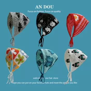 Dopamine Color Knitted Hollow Hair Scarf for Women Spring and Summer Travel Pastoral Style Versatile Sweet Triangle Towel
