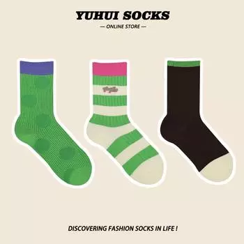 Dopamine Green Double Needle Women s Trendy Spring/Summer Mid-Calf Socks, Korean & Japanese Style, Pure Cotton One Size 35-40