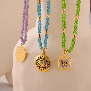 Dopamine Personality Design Натуральный Кристалл Ручной Работы Бусины Титановые Стальные Глаза Бабочка Геометрический Кулон Ожерелье Женский