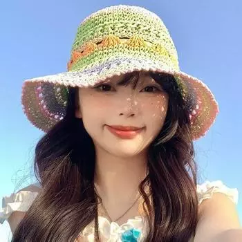 Dopamine rainbow hollow straw hat women s summer new seaside vacation sunshade sunscreen hat big head circumference fisherman hat M (56-58cm) - Tyrande розовый зеленый