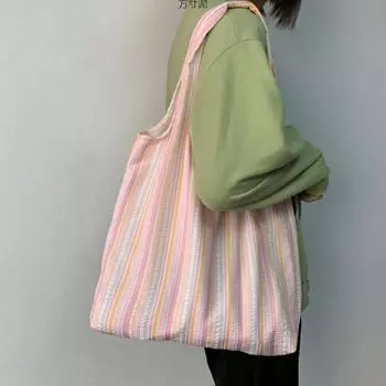 Dopamine Striped Canvas Bag Vest Bag Large Capacity Underarm Bag Summer Fairy Student Class Handbag