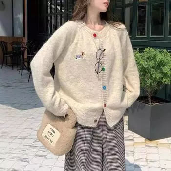 Dopamine Sweet Круглый вырез Цветная пряжка Собака Вышивка Длинный рукав свитер Кардиган Женский Осенний Корейский Универсальный Топ S розовый