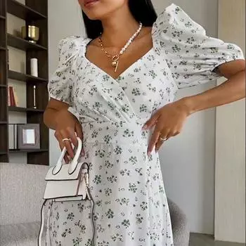 Dopamine Wear 2025 Новое женское сексуальное платье с V-образным вырезом и рукавами-фонариками во французском стиле с цветочным принтом S