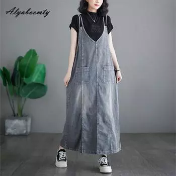 Дополнительный размер, лето-осень, женское джинсовое платье-майка с V-образным вырезом, повседневное свободное свободное платье-миди большого размера, винтажное хлопковое мешковатое платье без рукавов L-3XL 3XL