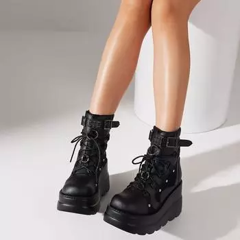 Ботильоны DoraTasia в стиле панк, на платформе, с застежкой-молнией сзади, с круглым носком, на шнуровке, на массивном каблуке, разноцветные мотоциклетные ботинки 5.5