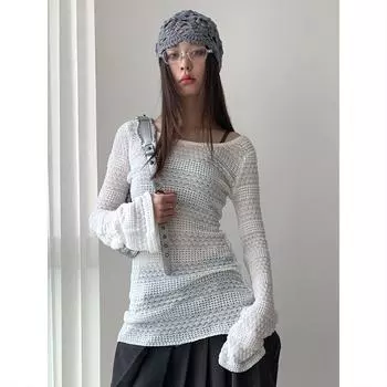 Дороти LOOPIN Весенний двухцветный ажурный трикотажный солнцезащитный кардиган M чёрный