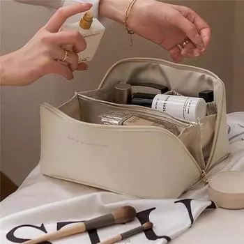 Дорожная косметичка большой емкости, портативная кожаная косметичка, женская водонепроницаемая сумка для мытья в ванной, многофункциональный набор туалетных принадлежностей бежевый