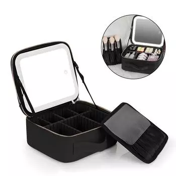 Дорожная косметичка с зеркалом с подсветкой, 3-цветная подсветка, регулируемый перезаряжаемый косметический кейс-поезд Small Size чёрный