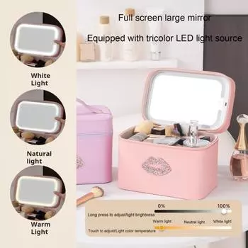 Дорожная косметичка с зеркалом со светодиодной подсветкой, большой вместимости, застежка-молния, дизайн ручки, портативная косметика розовый