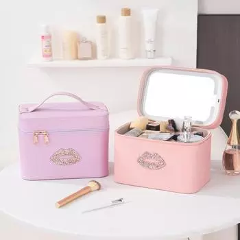 Дорожная косметичка с зеркалом со светодиодной подсветкой, большой вместимости, застежка-молния, дизайн ручки, портативная косметичка-органайзер для макияжа розовый