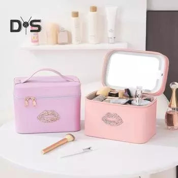 Дорожная косметичка с зеркалом со светодиодной подсветкой, большой вместимости, застежка-молния, дизайн ручки, портативная косметичка-органайзер для макияжа розовый