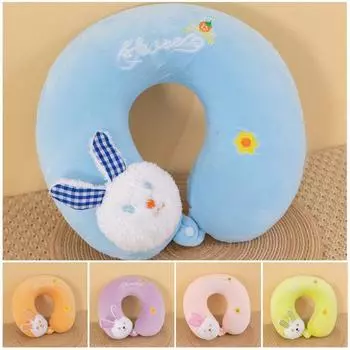 Дорожная подушка для шеи с мультяшным кроликом и боковым карманом. Дышащая удобная улучшенная U-образная подушка из пены с эффектом памяти. Удобная подушка для шеи. 30*30cm фиолетовый