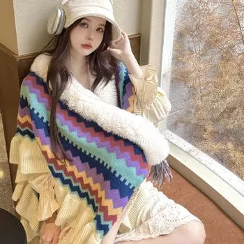 Дорожная шаль женская для отпуска меховой воротник шаль накидка ретро цвет внешний шарф с бахромой прилив 90*125CM синий