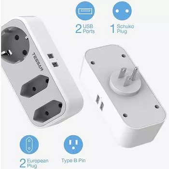 Дорожный адаптер TESSAN, адаптер для США, вилка для Америки, Европы с 2 розетками USB 2.4A, адаптер для дорожной вилки, адаптер питания для Канады, Мексики